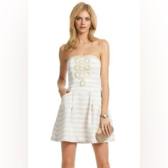 LILLY PULITZER Metallic Gold & Cream BLOSSOM DRESS Fit & Flare - Picture 1 of 8